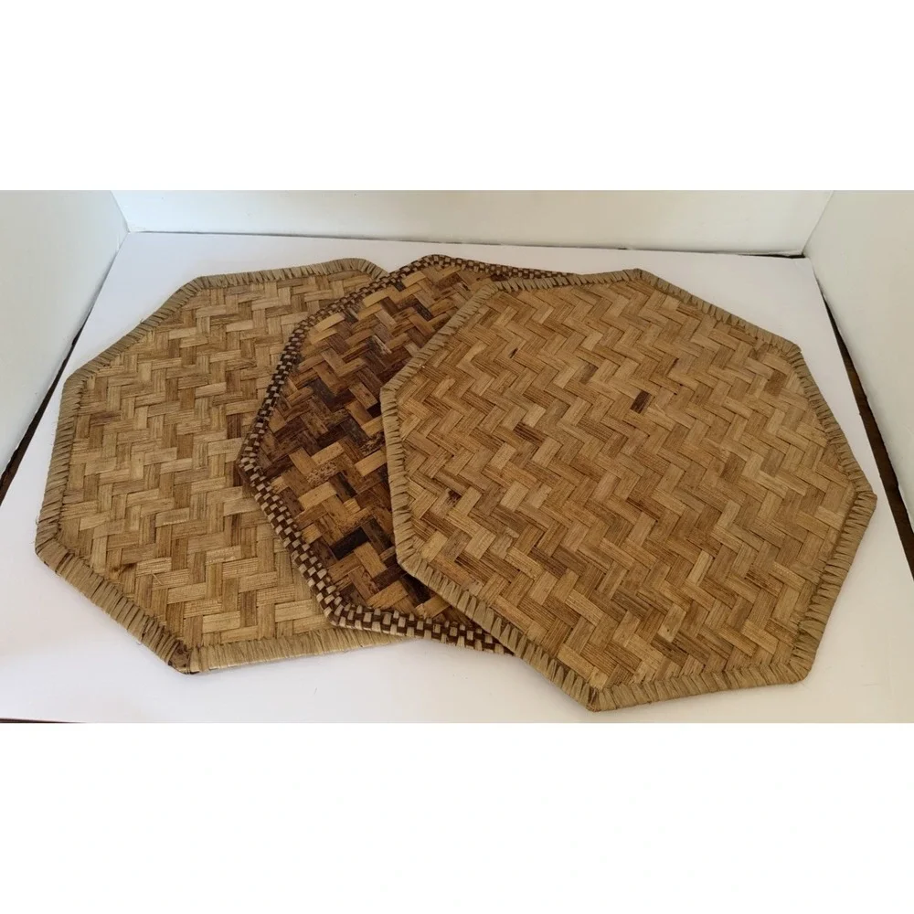 Vtg Boho Set of 3 Woven Hexagon 100% Abaca Placemats Phillipines 16